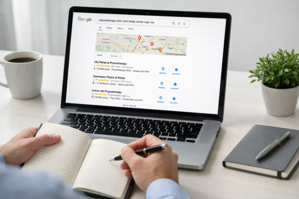 How to Find Competitor Keywords for Local SEO Without Paid Tools Laptop showing Google search results for rehab center and physiotherapy services during competitor keyword research.