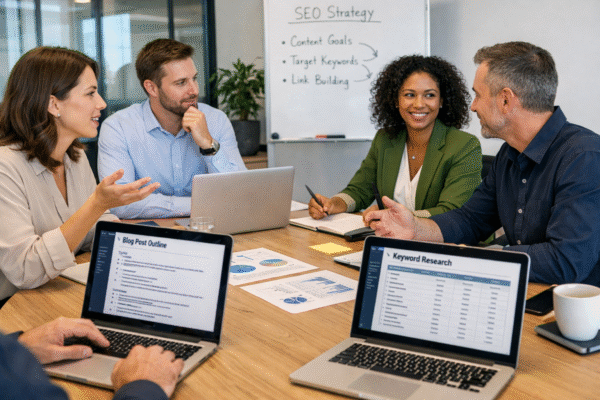 How to Find Competitor Keywords for Local SEO Without Paid Tools Marketing team planning SEO content strategy and competitor keyword research with laptops and keyword lists.