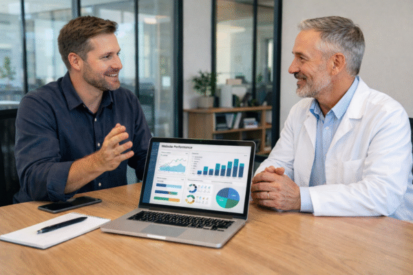 How to Find Competitor Keywords for Local SEO Without Paid Tools Professional SEO consultant discussing local SEO and competitor keyword strategy with a healthcare business owner using analytics dashboards.